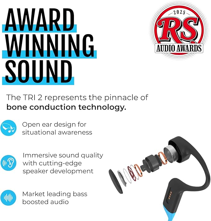 H2O Audio TRI 2 PRO Multi-Sport Waterproof Bone Conduction Open Ear Headphones, Bluetooth 5.3 for Running and Cycling, MP3 Mode for Swimming, IPX8, 8GB Memory, Playlist+ App Included for Streaming