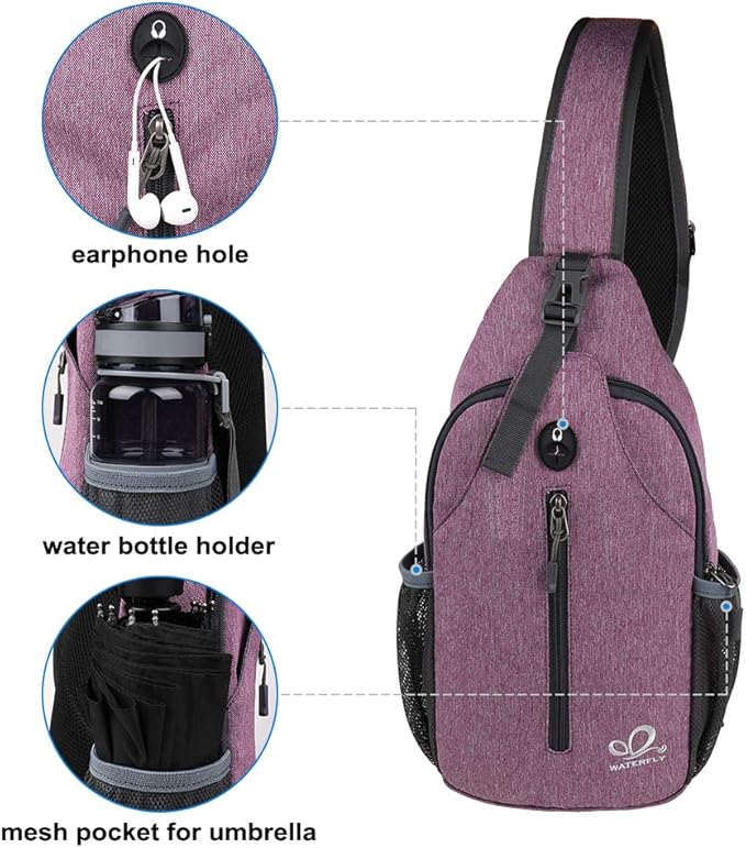WATERFLY Crossbody Sling Backpack Sling Bag Travel Hiking Chest Bag Daypack (Purple)