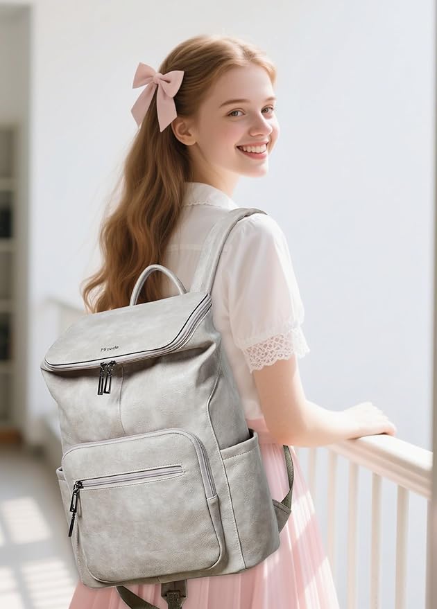 Leather Laptop Backpack for Women, 15.6 Inch Travel Backpack with Laptop Compartment, Casual Daypack Fashion Travel Backpack Purse for Travel College Work, Grey