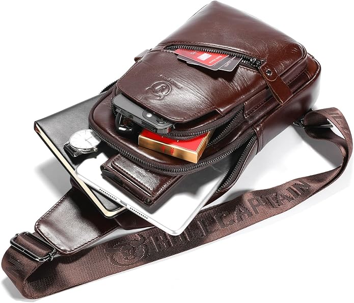 BULLCAPTAIN Mens Leather Sling Bag Backpack Casual Outdoor Shoulder Crossbody Chest Bag with USB Charging Port