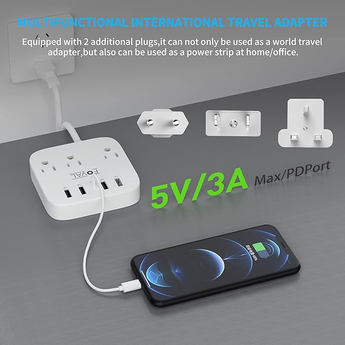 European Travel Plug Adapter, FOVAL EU UK US Power Strip with USB C and 4 USB Ports, 3 AC Outlets, Wall Mountable, 5ft Extension Cord, Compact for Travel, Cruise Ship, Home Office (White)