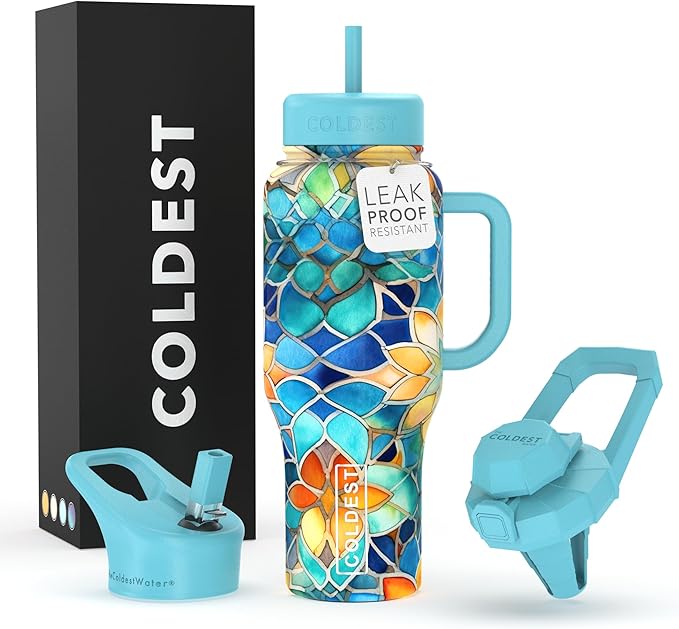 Coldest Tumbler with Handle and Straw, 100% Leak Proof Insulated Tumbler with Lid and Straw (3 Lids), Stainless Steel Tumblers for Women & Men, Cup Holder Friendly, 36 oz (Morrocan Vibes)