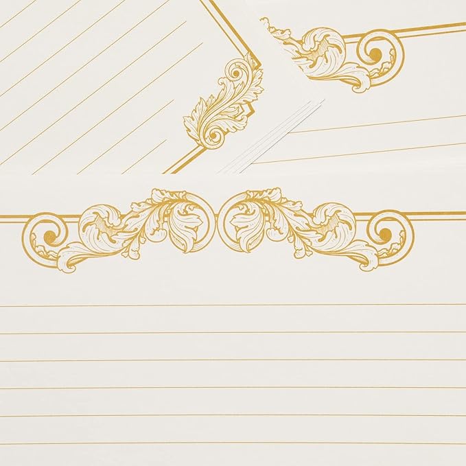 Paper Junkie Letter Paper & Envelopes Set - 60 Sheets (7.2 x 10.2 In) & 30 Ivory Envelopes (4 x 7.7 in), Gold Border, 100 GSM - Vintage Lined Stationery for Love Letters & Invitations