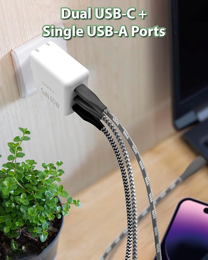 65W Foldable Plug Fast Charging Dual USB-C + USB-A Wall Charger with 6FT USB-C to UCB-C Cable, AC100~240V Input, Wall Charger Compatible with MacBook Pro/Air, Laptops, Tablets, iPhone