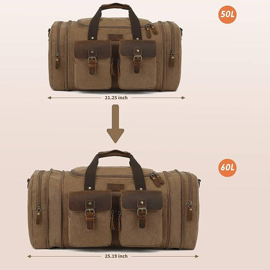Imyth Retro Crazy Horse Leather Canvas Duffle Bag 60L Expandable Travel Bag for Airplanes (Coffee)