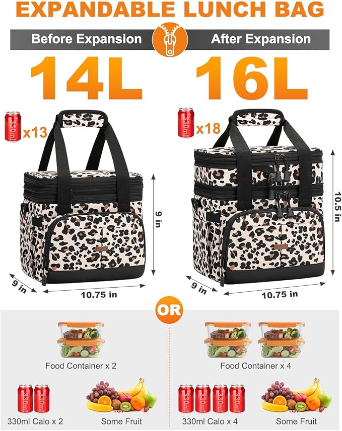 Lunch Box For Men Women Double Deck Insulated Lunch Bag For Men Woman Leakproof Expandable Cooler Bag with Adjustable Shoulder Strap for Work Picnic School(Leopard,16L)