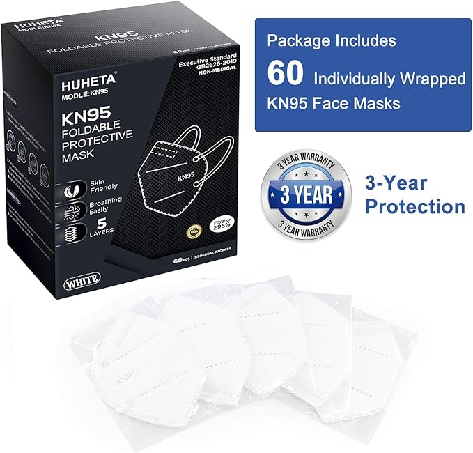 HUHETA KN95 Face Mask 60 Pack, 5-Ply Breathable & Comfortable Safety Mask, Filter Efficiency>=95%, Protective Cup Dust Masks Against PM2.5 - Individually Wrapped (White Mask)