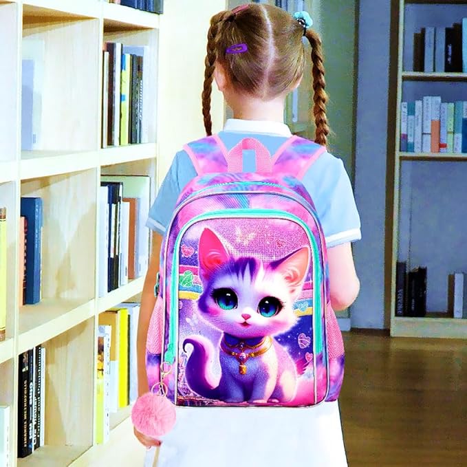 3Pcs Cat Backpack for School, 16" Girls Bookbag with Lunch Box, Kids Backpacks Set for Elementary Preschool Kindergarten(Pink)