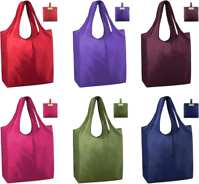 BeeGreen Reusable Grocery Bags 6 Pack, Heavy Duty Totes for Women, Foldable Grocery Bag Large Shopping Totes with Handles for Work, Travel, Gift, Store, Polyester Washable Reusable Tote Bag