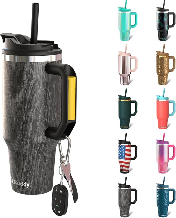 Frost Buddy Thicc Buddy - 40 oz Stainless Steel Vacuum Insulated Tumbler with Lid and Straw for Water - Travel Mug Cupholder Friendly - Gifts for Women Men Him Her (Black Wood)