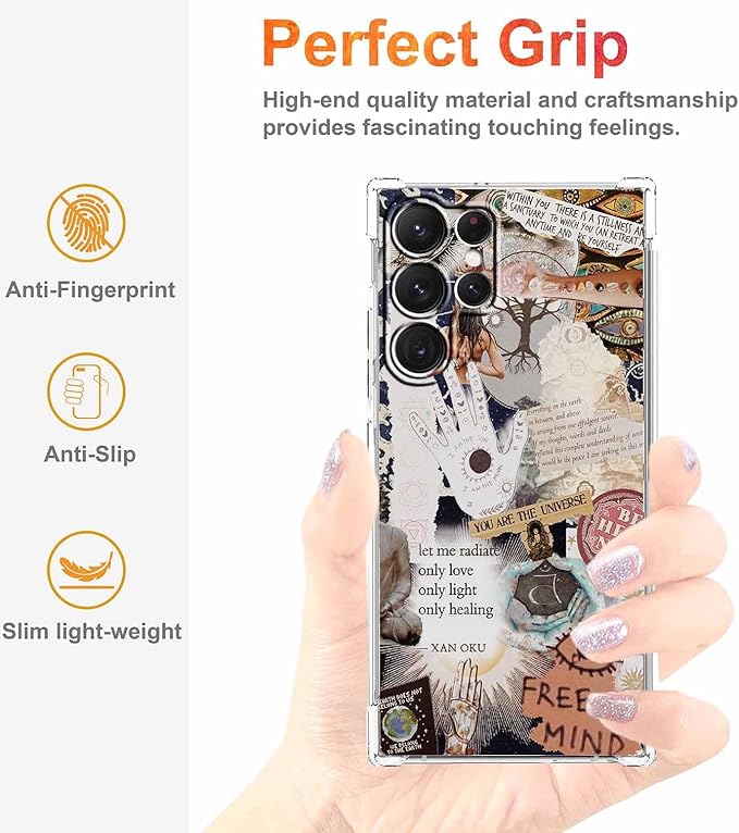 Case for Samsung Galaxy S23 Ultra with Aesthetic Beige Desgin,Spiritual Hippie Quotes Collage,Clear Soft TPU Protective Case,6.8"(Beige,S23U)