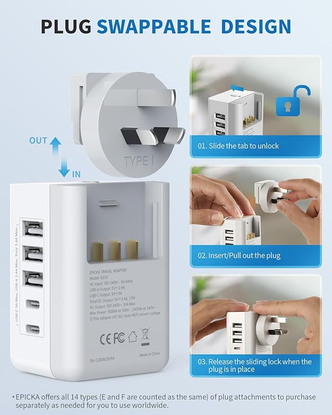 Australia New Zealand Power Plug Adapter, Type I Plug Adapter with 2 US Outlets, 3 USB-A & 2 USB-C Ports, Swappable International Power Adapter for US to Australia China Argentina Fiji AU (X232I)