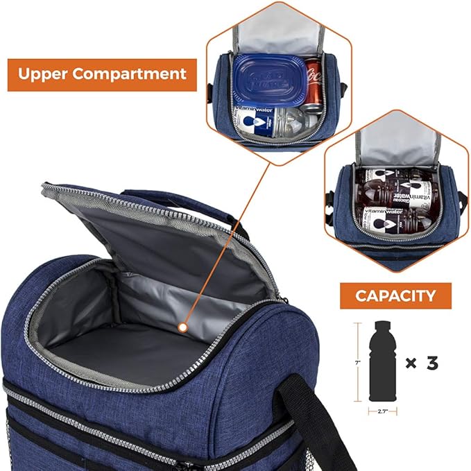 OPUX Lunch Box For Men Women, Insulated Large Lunch Bag Adult Work, Double Decker Lunchbox Meal Prep Dual Compartment Leakproof Lunch Cooler, Soft Lunch Pail Tote Boys Girls Kids School, Navy Blue 12L