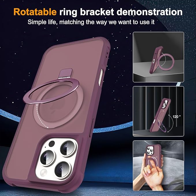 Compatible with iPhone 16 Pro Max Case with Invisible Magnetic O-Ring Stand Military-Grade Translucent Case for iPhone 16 ProMax 6.9" [Compatible with Mag-Safe][Great Grip Feeling],Wine Red