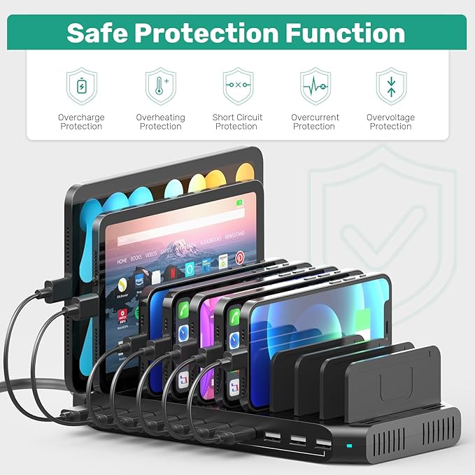 10-Port Multi Charging Station, 60W USB Tablet Charging Station for Multiple Devices, USB Charging Dock Multi Device Charger Organizer with Adjustable Dividers for Tablets, Smartphones