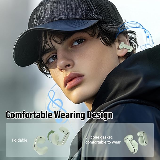 Wireless Earbuds, Clip On Ear Headphones, Bluetooth 5.4 HiFi Stereo Earbuds,42H, LED Display Ear Buds, Comfortable Lightweight, IP7 Waterproof Open Ear Earphones, Earbud for Workouts Running, Green