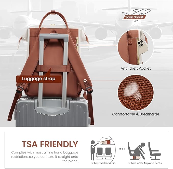 LOVEVOOK Leather Backpack for Women,18 inch Leather Laptop Backpack Women,Professional Work Backpack Nurse College Teacher Bag,Womens Laptop Tote Bag Computer Travel Backpack Purse,Beige White-Brown