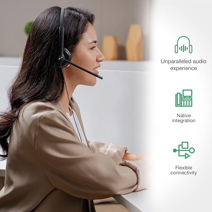 Yealink Phone Headsets for Office Phones YHS34 Lite QD to RJ9 Wired Headset Compatible with Poly Snom Grandstream Phones Desk Landline Headset with Microphone -Dual/111g/2.1m Cable