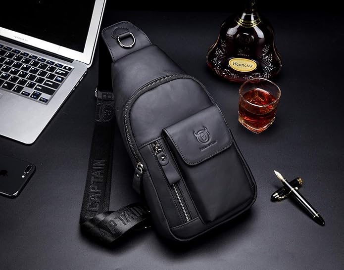 BULLCAPTAIN Genuine Leather Men Sling Bag Travel Crossbody Chest Bag Large Capacity Casual Hiking Daypack