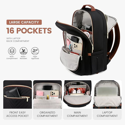 LOVEVOOK Laptop Backpack for Women 17.3 inch,Cute Womens Travel Backpack Purse,Professional Laptop Computer Bag,Waterproof Work Business College Teacher Bag Carry on Backpack with USB Port,Black Brown