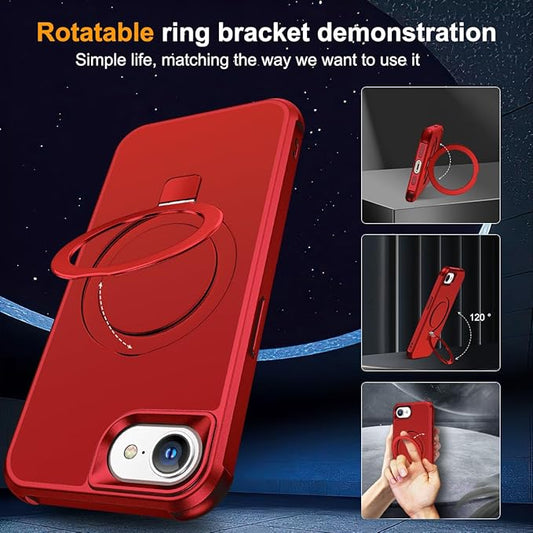 Compatible with iPhone 16E Case with Invisible Magnetic O-Ring Stand Military-Grade Case for iPhone 16E 6.1" 2025 [Compatible with Mag-Safe][Great Grip Feeling], Red