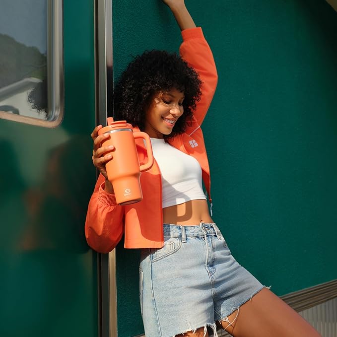 40 oz Tumbler with Handle and Straw: Stainless Steel Insulated Tumbler Keeps Cold for 24 Hours, Leakproof Travel Cup Fits in Cup Holder and BPA-Free, Moderate Orange