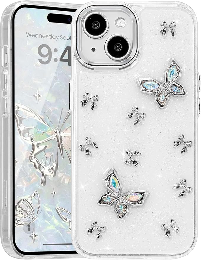 EYZUTAK Case for iPhone 15, Bling Glitter 3D Butterflies Bowknot Phone Case Cute Crystal Clear Bow Aesthetic Case Slim Soft Durable TPU Transparent Protective Cover for Women Girls - Butterfly