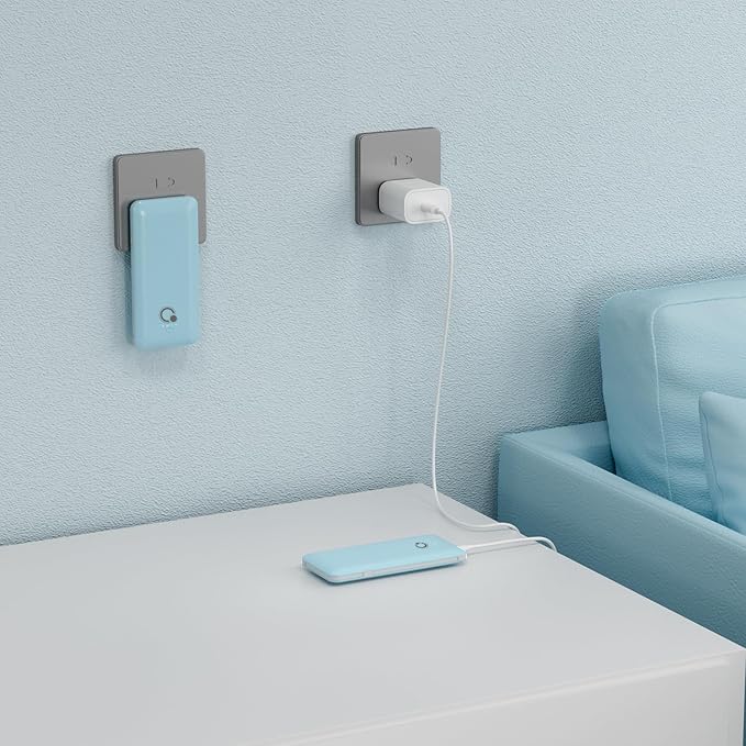 Q 10000mAh Power Bank, Slim Portable Charger,4 Output External Battery Pack with Built-in AC Wall Plug Micro USB C 3 Cables Compatible with iPhone Samsung Android Phone Tablet and More