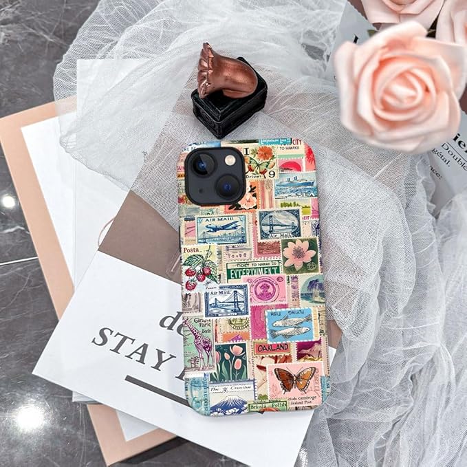 DAIZAG Case Compatible with iPhone 15,Fit Shockproof Cover for Women Girls,Retro Stamp Collage