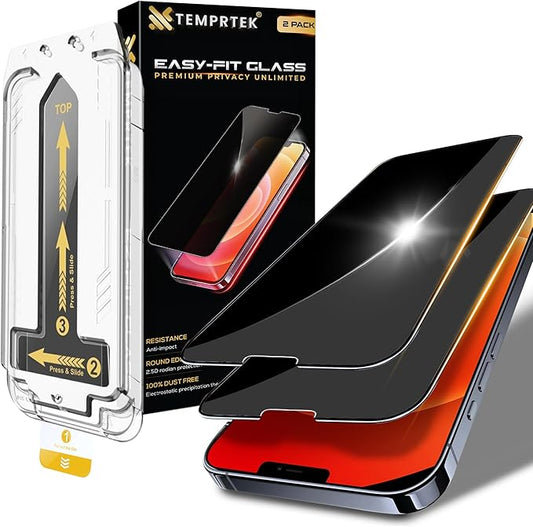 TEMPRTEK+ 2 Pack iPhone for 12 Pro Max Privacy Screen Protector Privacy 9H Military Grade Scratch Fingerprint Resistance Anti-Glare Shatterproof Tempered Glass Anti-Spy Easy Installation Bubble Free