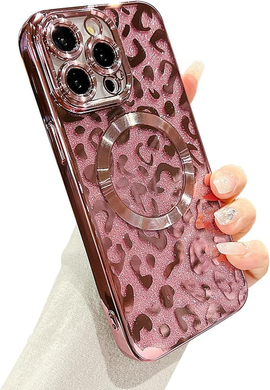 for iPhone 14 Pro Case Magnetic,Soft Cute Luxury Leopard Cheetah Pattern Plating Glitter Bling Phone Case Compatible with MagSafe Clear Shockproof Back Cover for Women Girl 6.1"-Pink