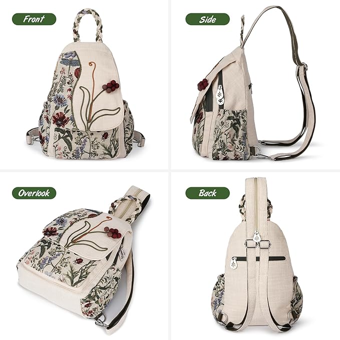 Ladys Convertible Sling Bag, Hand Craft Artisan Purse, Beautiful Grape Flower Canvas Premium Casual Day Mini Backpack for women