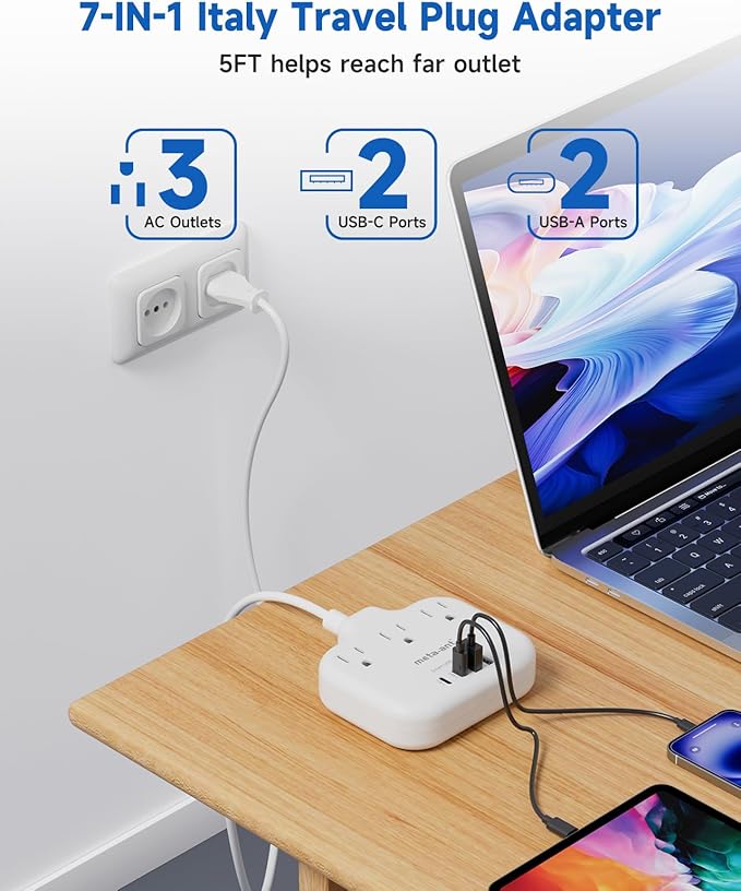 Italy Travel Plug Adapter with 5FT Extension Cord, meta-ant Italy Power Adapter with 3 American Outlets 4 USB Ports(2 USB-C), Type L Adapter for US to Italy Chile Ethiopia Libya Syria Tunisia Uruguay