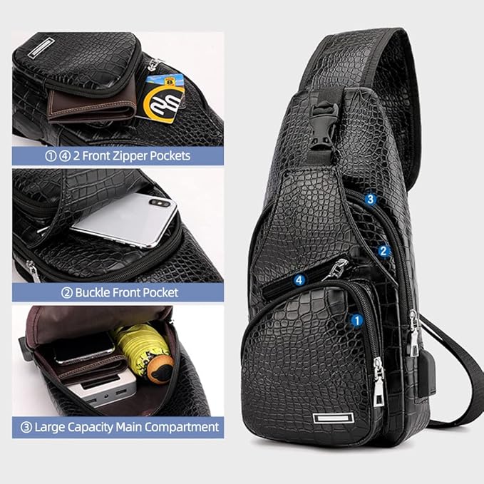 Peicees Leather Sling Bag Mens Crossbody Bag Chest Bag Sling Backpack for Men with USB Charge Port