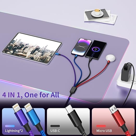 Dual IP 4 in 1 Multi Charging Cable [1Pack 5FT], Nylon 4 in 1 Charging Cable, Multi Chargers for All Devices with IP/IP/Type C/Micro Port, Compatible with Most Cell Phones/Tablets and More