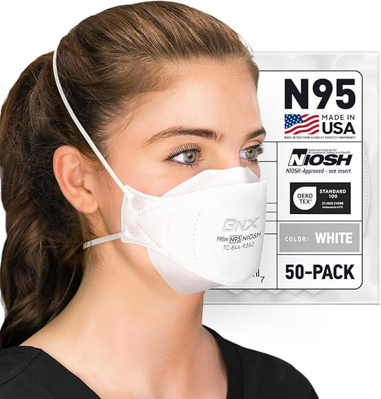 BNX N95 Mask NIOSH Certified MADE IN USA Face Mask, Tri-Fold Cup/Fish Style, 10,20,50-Pack - Black, White (Model F95B,F95W)