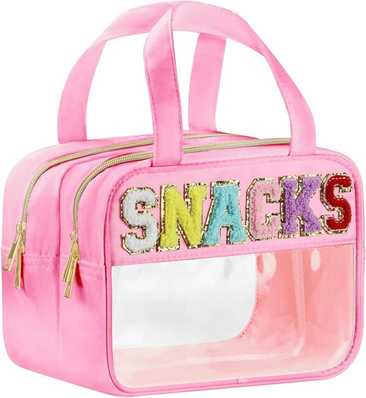 Chenille Letter Clear Makeup Bags, Snacks Bag for Travel, Preppy Patch Nylon Cosmetic Bag with Handles and Zipper, Waterproof Large Clear Travel Toiletry Bag Storage Bag for Women Pink