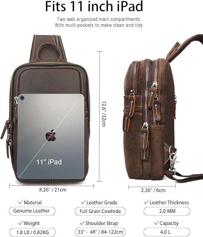 Vintage Full Grain Leather Sling Bag for Men, Crossbody Shoulder Chest Travel Hiking Daypacks Bag for 11 inch iPad, Brown