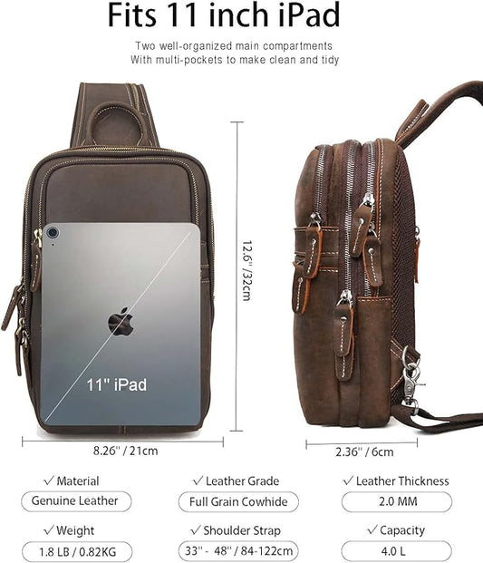 Vintage Full Grain Leather Sling Bag for Men, Crossbody Shoulder Chest Travel Hiking Daypacks Bag for 11 inch iPad, Brown