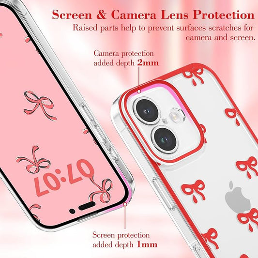 EYZUTAK Case for iPhone 17, Clear Cute Ribbon Bowknot Pattern Aesthetic Transparent Phone Case Raised Camera Protection Stylish Slim Soft Durable TPU Protective Cover for Women Girls - Red