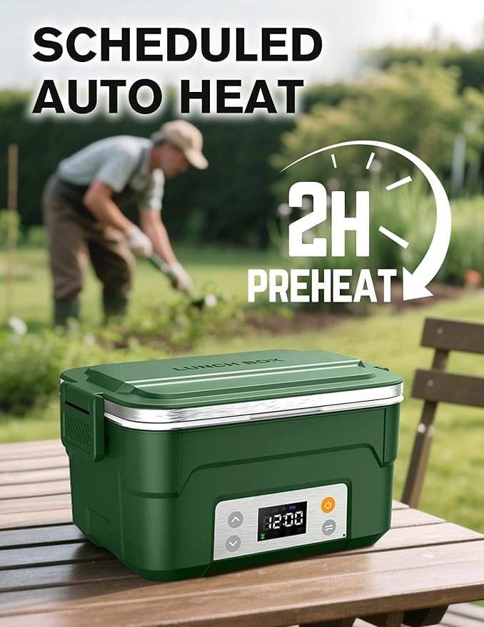 EAST OAK XL 6.3-Cup Cordless Electric Lunch Box for Adults, Heated Lunch Box for Men with Scheduled Heating, Portable Car Food Warmer with Utensils, Two-Tier Bag, Removable Divider