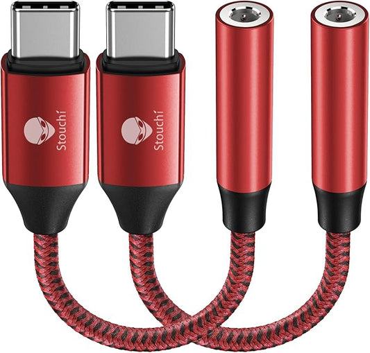 Stouchi USB C to 3.5mm Female Adapter 2 Packs, Type C Headphone Audio Jack Cable Cord Hi-Fi Dongle for Samsung Galaxy S22 S21 Ultra Z Flip Note 20,iPad Mini 6th, Pixel 9/8/7/6a /6 - Red