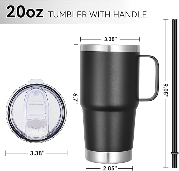VEGOND 20 oz Tumbler Bulk with Handle Lid and Straw, Stainless Steel Insulated Travel Coffee Mug Set, Spill Proof Double Wall Metal Tumblers Cups, Black 6 Pack