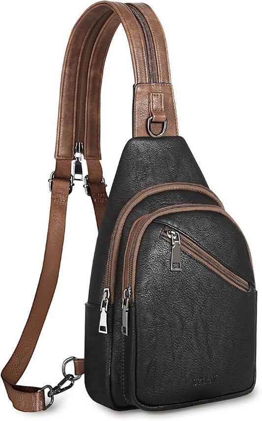 Sling Bag for Women, Crossbody Bags for Women Trendy Crossbody Purse Vegan Leather Sling Backpack Chest Bag with Dual Purpose Strap, Black Brown