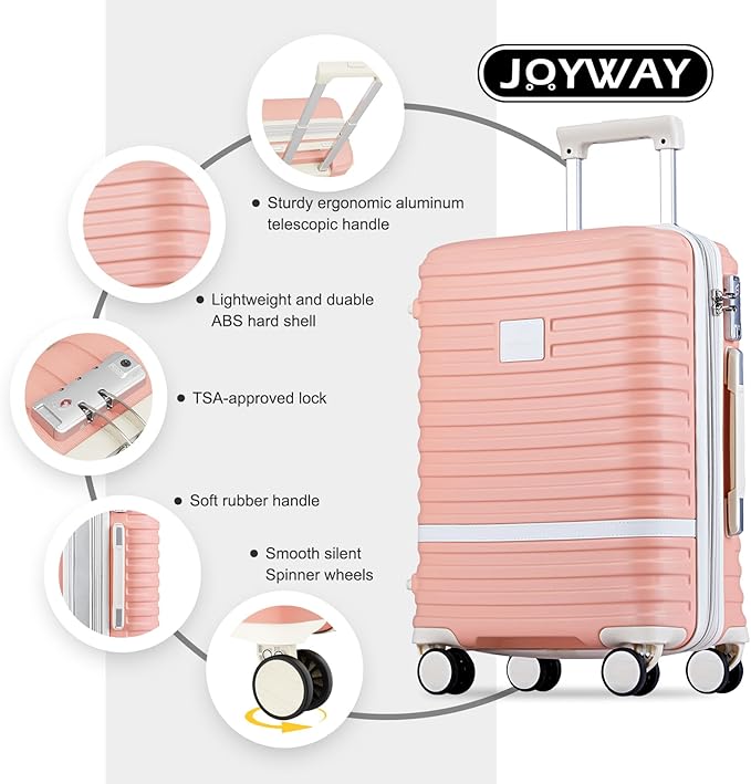 Joyway Carry On Luggage 20 Inch Expandable Suitcase with Spinner Wheel, 3 Piece Hard Shell Luggage Set with TSA Lock(Pink)