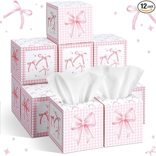 12 Pack Pink Bow Facial Tissues Cube Boxes 600 Sheets 3 Ply Small Square Face Tissues Bulk for Bow Coquette Birthday Bridal Bachelorette Wedding Party Supplies