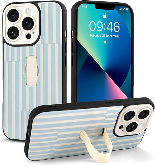 Compatible with iPhone 13 Pro Case with Finger Hand Strap Kickstand, Trendy Cool Striped Phone Case for Women Men, Full Camera Protection Shockproof Protective Cover, White and Blue Stripes