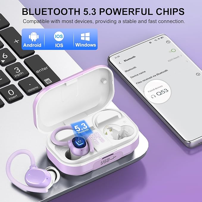Wireless Earbuds Bluetooth Headphones 120hrs Playtime HiFi Stereo Wireless Headphones with Mic Deep Bass Earphones with Dual LED Display USB-C IP7 Waterproof Earbuds for Running Sports Purple