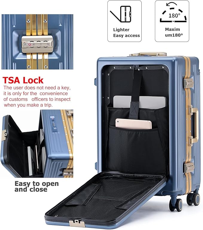 feilario 20" Aluminium Frame Hardside PC Carry on Luggage - Wide Handle Double Spinner Wheels Suitcase with TSA lock