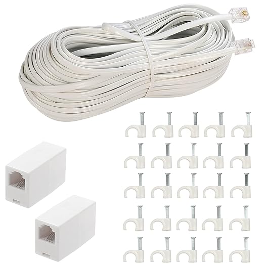 LanSenSu Phone Extension Cord 66 Ft, Phone Cord Telephone Cable with Standard RJ11Plug and 2 in-Line Couplers and 25Cable Clip Holders, White (White, 66 Feet)